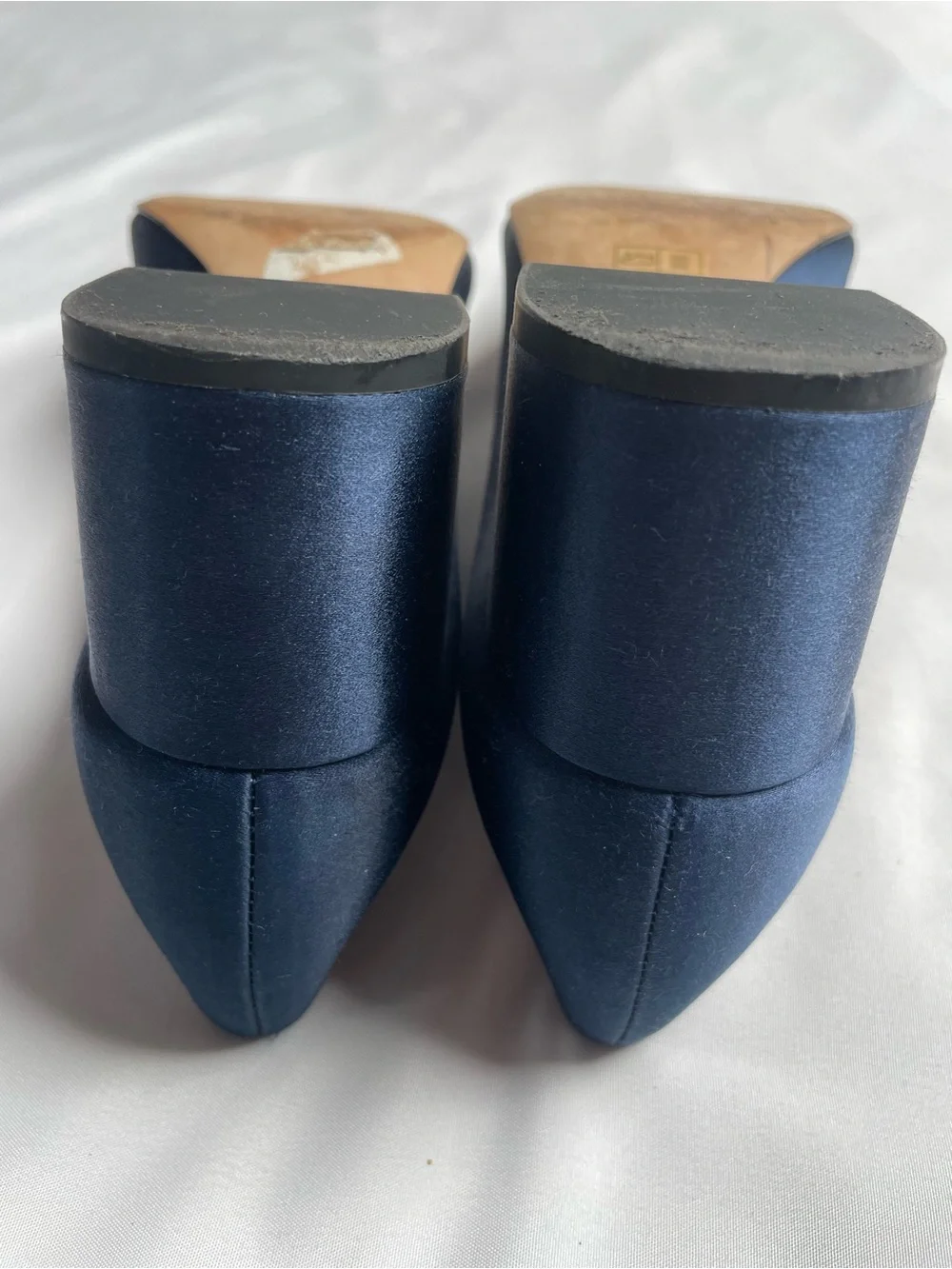 Tory Burch Navy Satin Pointed Flats with Black Velvet Bow